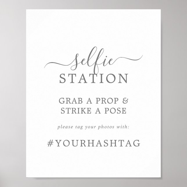 Minimal Silver Selfie Station Wedding Hashtag Sign (Front)