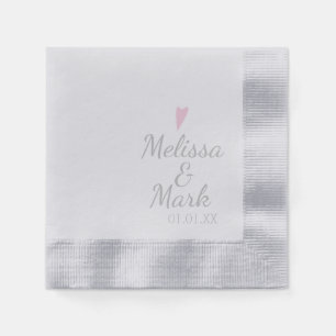 Minimal Silver Wedding Simple Heart Pink Monogram Napkin