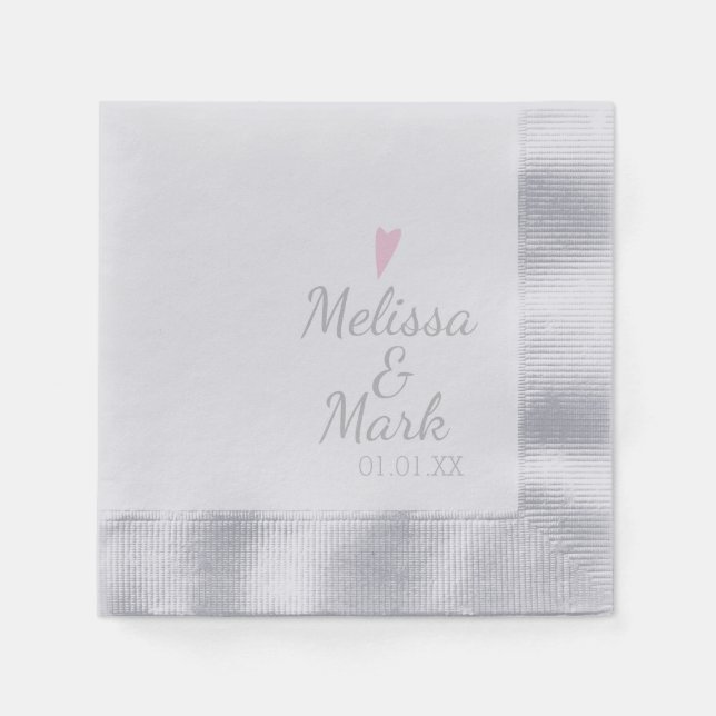 Minimal Silver Wedding Simple Heart Pink Monogram Napkin (Front)