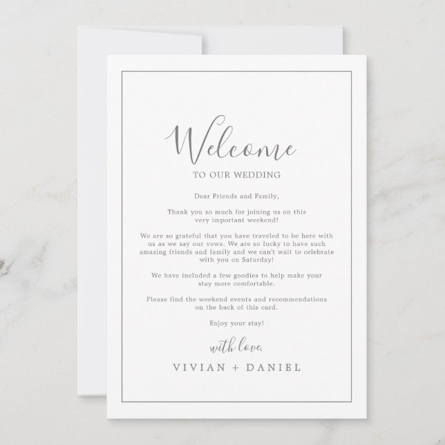 Minimal Silver Wedding Welcome Letter & Itinerary (Front)