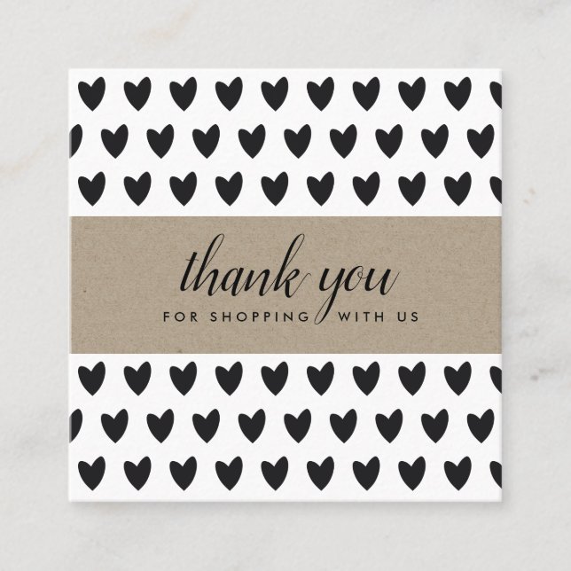 MINIMAL SIMPLE BLACK KRAFT HEART  THANK YOU LOGO SQUARE BUSINESS CARD (Front)