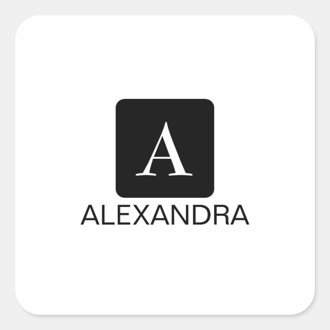 Minimal Simple Black Monogram Name Square Sticker (Front)