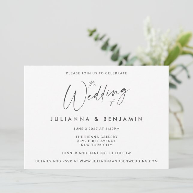 Minimal Simple Black White Modern Script Wedding  Invitation (Standing Front)