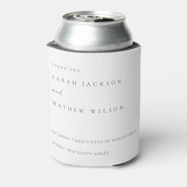 Minimal Simple Black & White Typography Wedding Can Cooler (Can Back)