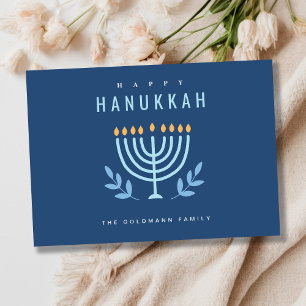 Minimal Simple Blue Menorah Candles Happy Hanukkah Holiday Card