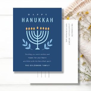 Minimal Simple Blue Menorah Candles Happy Hanukkah Holiday Postcard