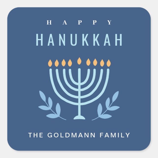 Minimal Simple Blue Menorah Candles Happy Hanukkah Square Sticker (Front)