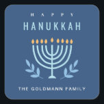 Minimal Simple Blue Menorah Candles Happy Hanukkah Square Sticker<br><div class="desc">If you need any further customisation please feel free to message me on yellowfebstudio@gmail.com.</div>