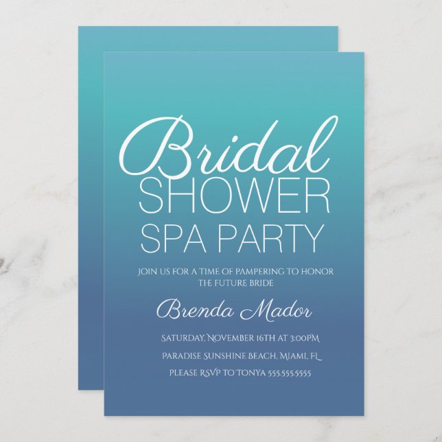 Minimal Simple Blue Ombre Spa Party Bridal Shower Invitation (Front/Back)