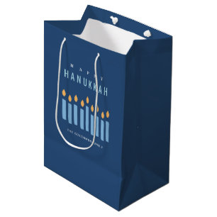 Minimal Simple Blue Yellow Candles Happy Hanukkah Medium Gift Bag
