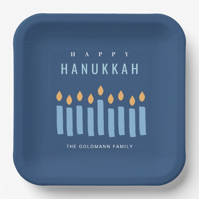 Minimal Simple Blue Yellow Candles Happy Hanukkah Paper Plate (Front)