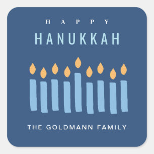 Minimal Simple Blue Yellow Candles Happy Hanukkah Square Sticker