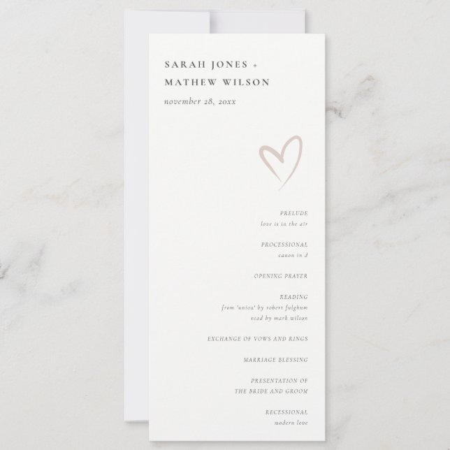 Minimal Simple Blush Pink Heart Wedding Program Invitation (Front)