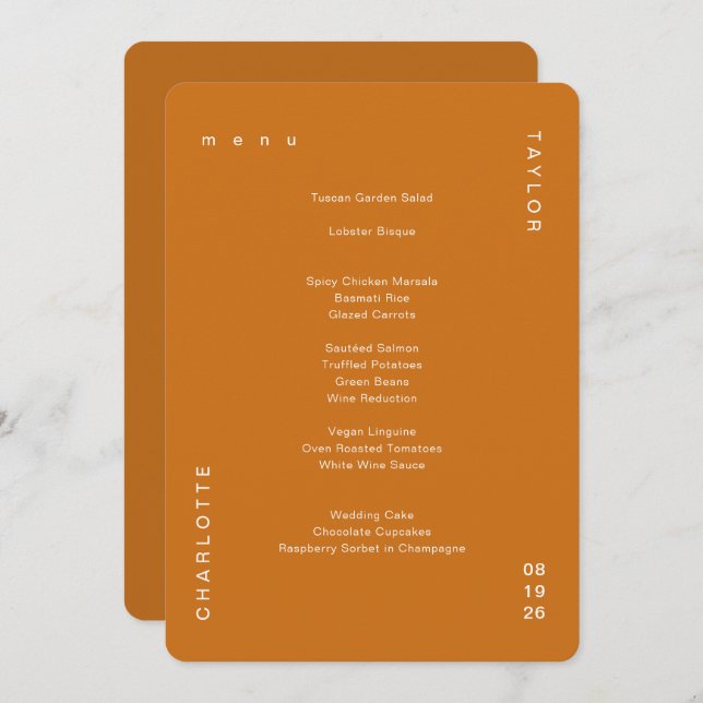 Minimal Simple Burnt Orange Wedding Dinner Menu (Front/Back)