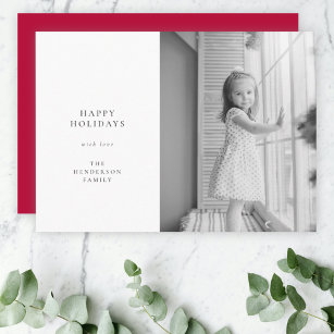 Minimal Simple Christmas Black and White Photo Red Holiday Card