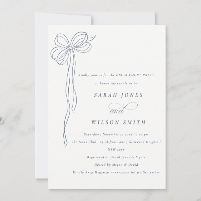 Minimal Simple Dusky Blue Coquette Bow Engagement Invitation (Front)