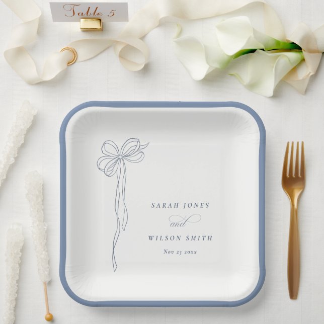Minimal Simple Dusky Blue Coquette Bow Wedding Paper Plate (Wedding)