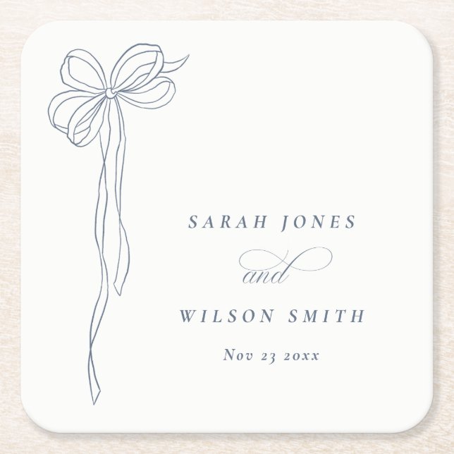 Minimal Simple Dusky Blue Coquette Bow Wedding Square Paper Coaster (Front)