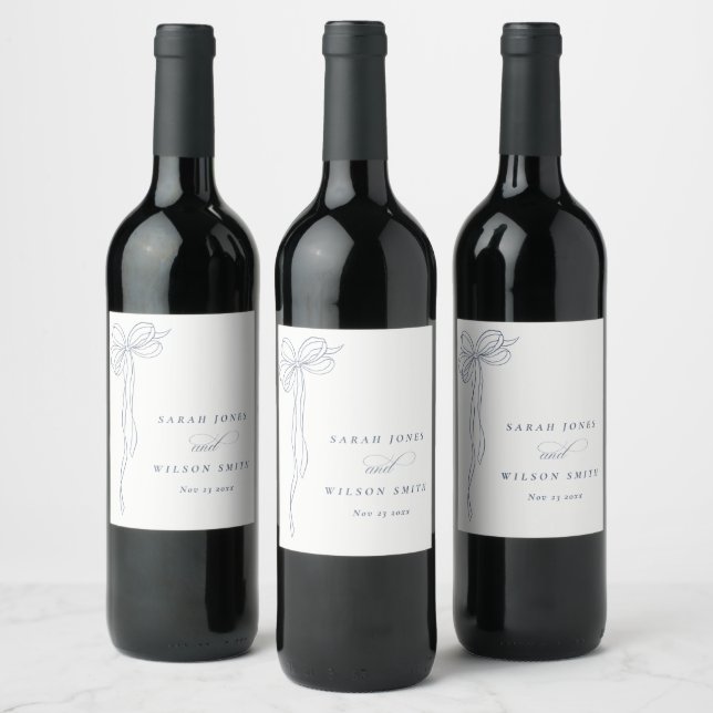 Minimal Simple Dusky Blue Coquette Bow Wedding Wine Label (Bottles)