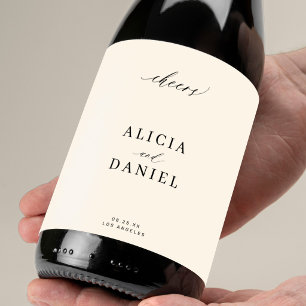 Minimal simple elegant black ivory wedding cheers wine label