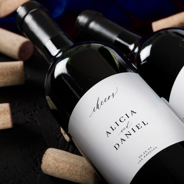 Minimal simple elegant black white wedding cheers wine label (Creator Uploaded)