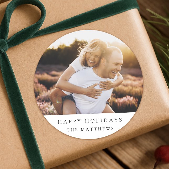 Minimal Simple Elegant Christmas Couple Photo Classic Round Sticker (A Christmas photo sticker label - perfect for gift wrapping or holiday card envelope seals)