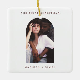 Minimal Simple Merry and Married Photo Ceramic Ornament