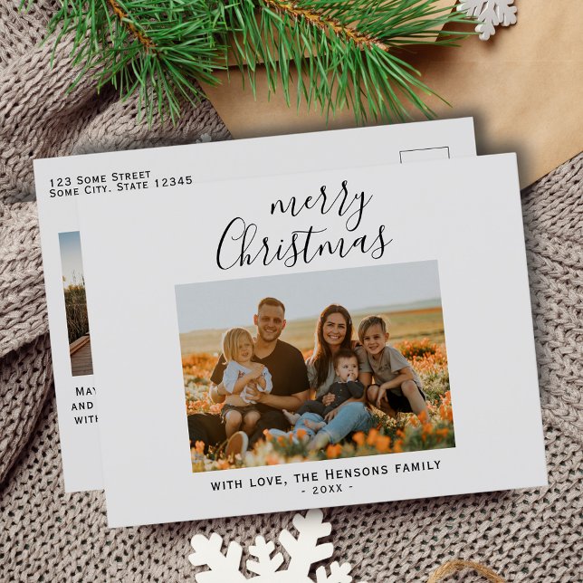 Minimal Simple Merry Christmas Script Family Photo Holiday Postcard (Creator Uploaded)