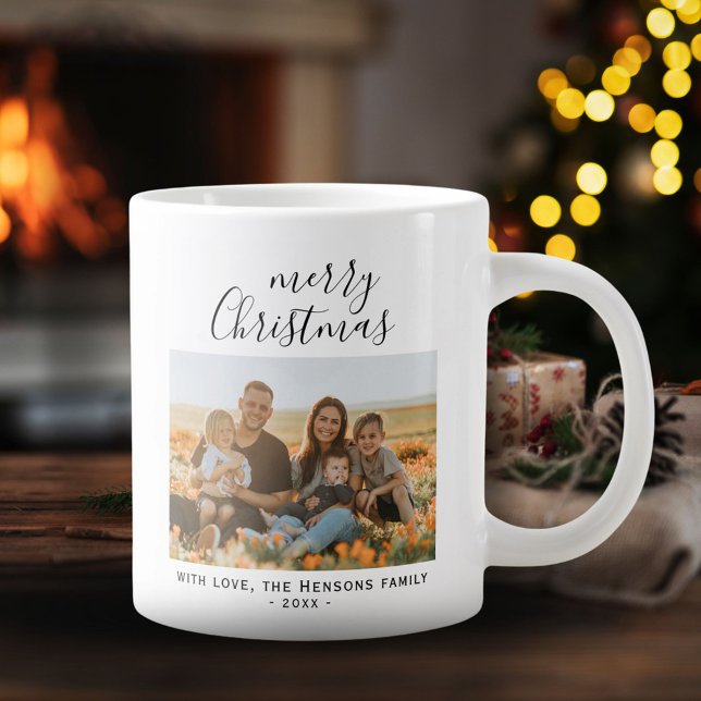 Minimal Simple Merry Christmas Script Family Photo Large Coffee Mug (Creator Uploaded)