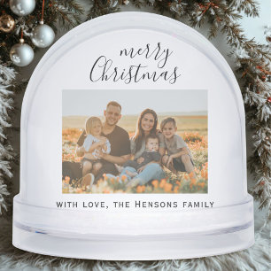 Minimal Simple Merry Christmas Script Family Photo Snowglobe