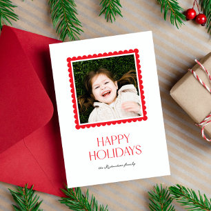 Minimal Simple Red Scallop Happy Holidays Photo Holiday Card