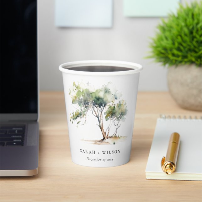 Minimal Simple Watercolor Botanical Tree Wedding Paper Cups (Insitu)