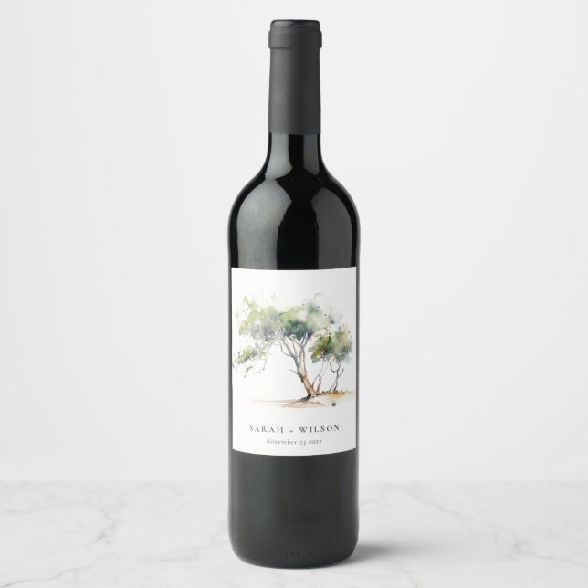 Minimal Simple Watercolor Botanical Tree Wedding Wine Label (Front)