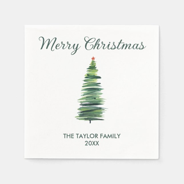 Minimal Simple Watercolor Christmas Tree Paper  Napkin (Front)