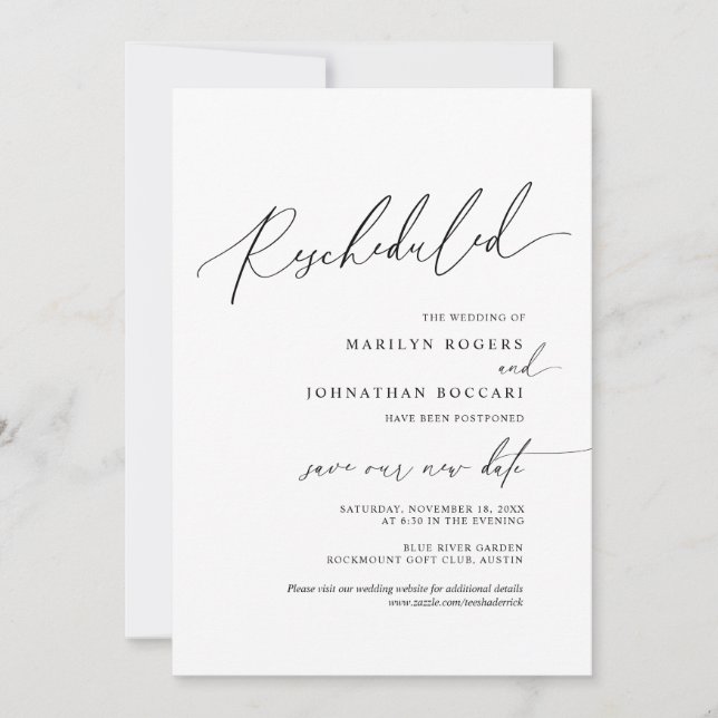 Minimal Simple, wedding invitation Rescheduled (Front)