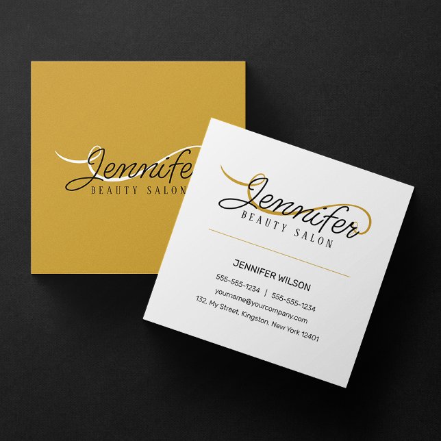 Minimal Simple White Gold Beauty Salon Aestheticia Square Business Card (Creator Uploaded)