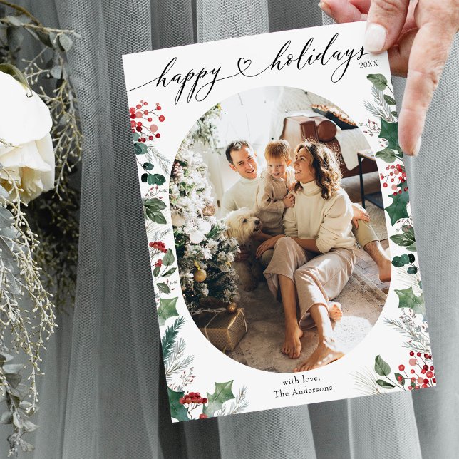 Minimal Single Photo White Red  Holiday Card (Creator Uploaded)