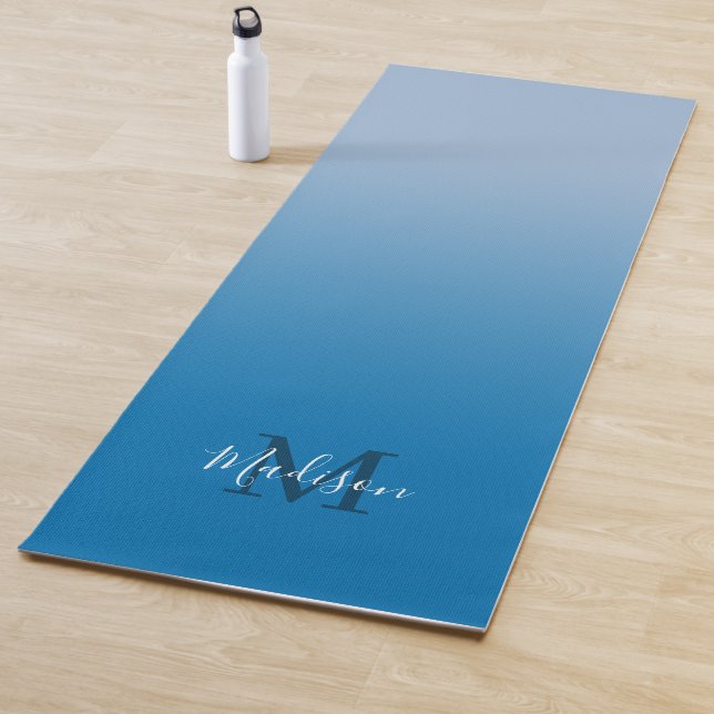 Minimal Sky Blue Gradient Monogram Script Name Yoga Mat (In Situ)