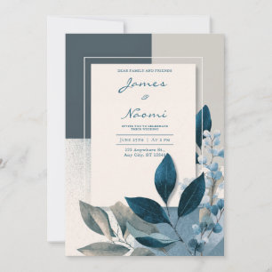 Minimal Slate Blue Geometric Indigo Leaf Wedding Invitation