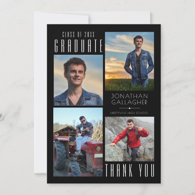 Minimal Sleek GRADUATE THANK YOU Four Photos Black (Front)