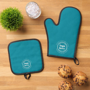 Minimal Small Business Custom Logo Seal Teal Blue Oven Mitt & Pot Holder Set