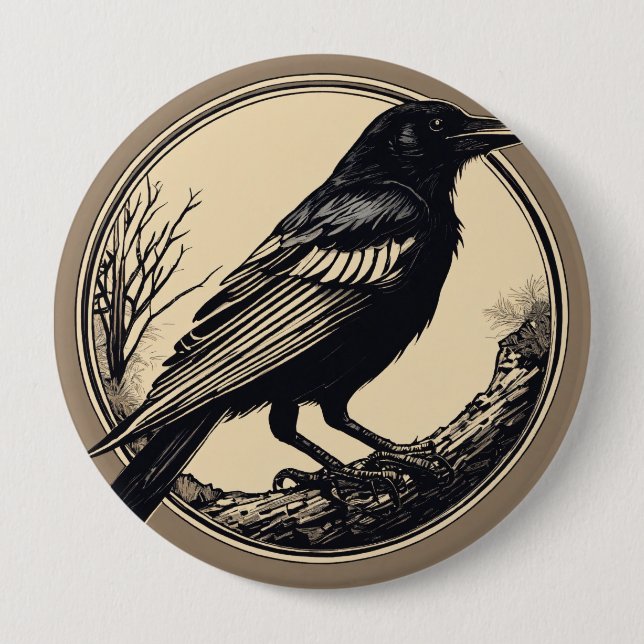 minimal small linocut of a crow, black and white 10 cm round badge (Front)