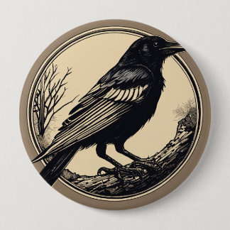minimal small linocut of a crow, black and white 10 cm round badge