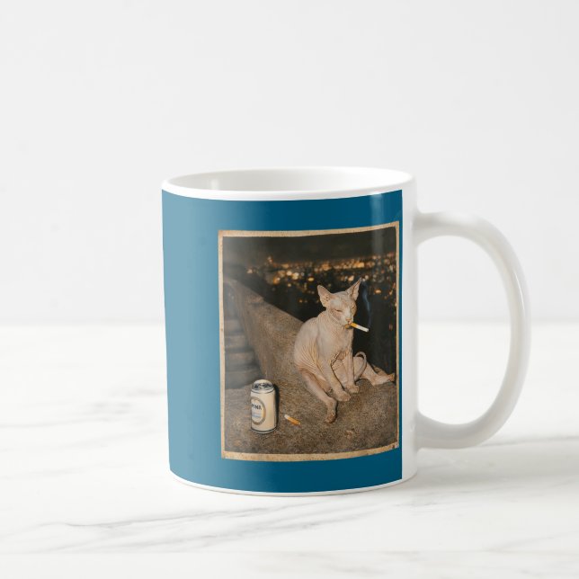 Minimal Smoking Sphynx Cat Meme Funny Coffee Mug (Right)