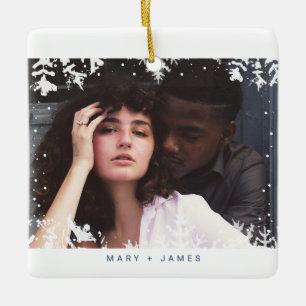 Minimal Snowflakes Frame   Merry and Married Photo Ceramic Ornament