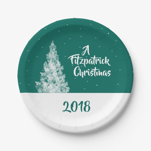 Minimal Snowy Tree Teal and White Holiday Party Paper Plate (Front)