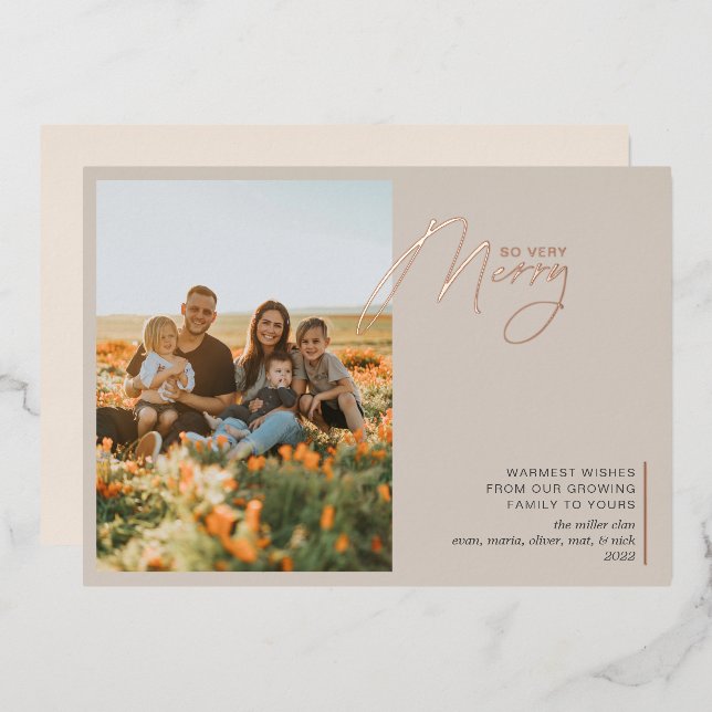  Minimal So Very Merry Beige Rose Gold Foil Holiday Card (Front/Back)