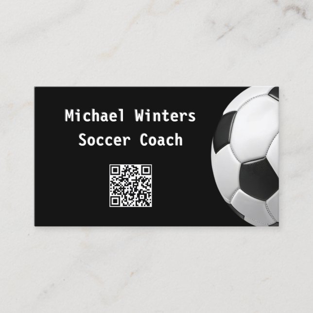 Minimal Soccer Ball Black QR Code Football Coach Business Card (Front)