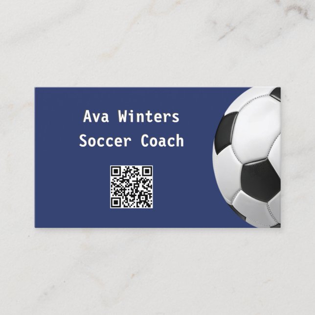 Minimal Soccer Ball Blue QR Code Football Coach Business Card (Front)