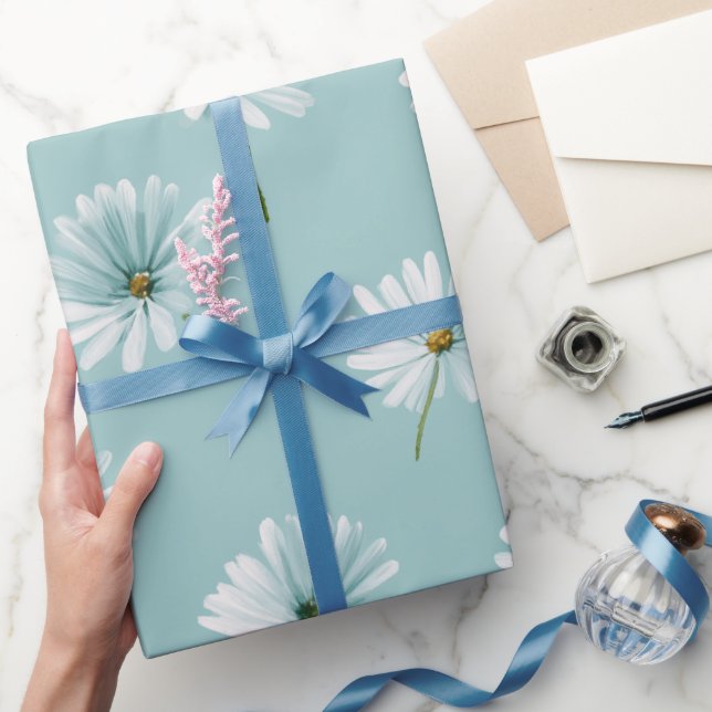 Minimal Soft Blue Mint Daisy Watercolor Pattern Wrapping Paper (Gifting)